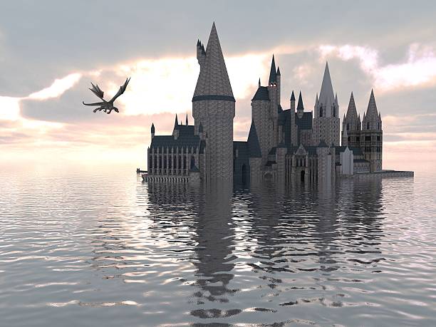 istock Of A Castle On The Water And Dragon 596794590