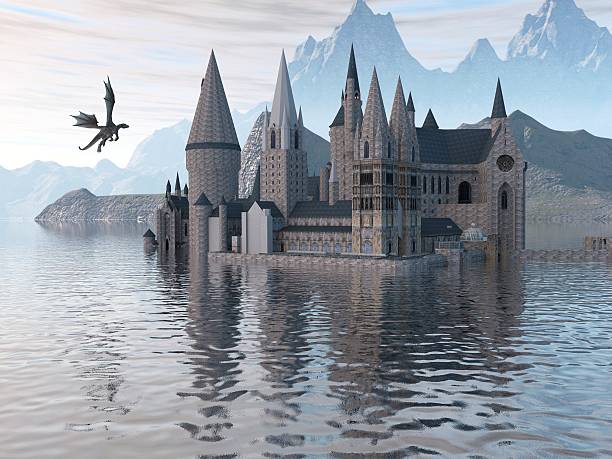 istock Of A Castle On The Water And Dragon 596794902