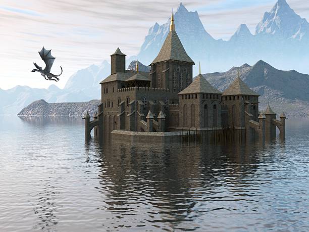 istock Of A Castle On The Water And Dragon 596795242