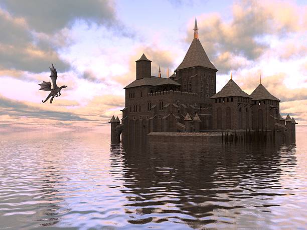 istock Of A Castle On The Water And Dragon 596795598