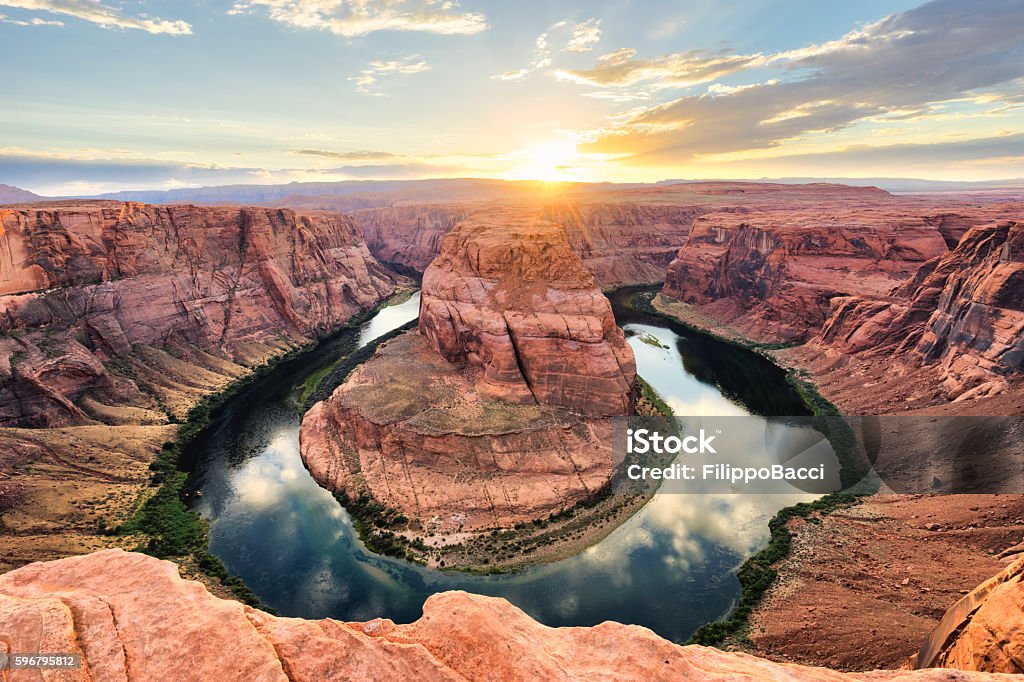 Horseshoe Bend At Sunset - Colorado River, Arizona Grand Canyon Stock Photo