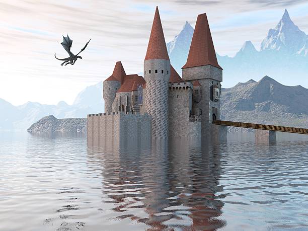 istock Of A Castle On The Water And Dragon 596797016