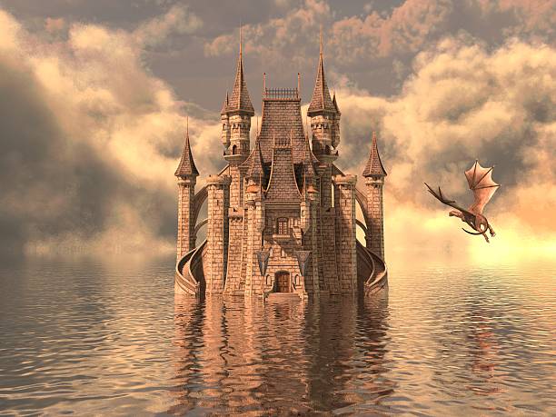 istock Of A Castle On The Water And Dragon 596797930