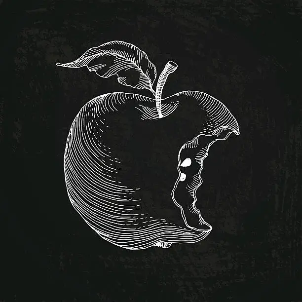 Vector illustration of Bitten apple, drawn in chalk on a blackboard