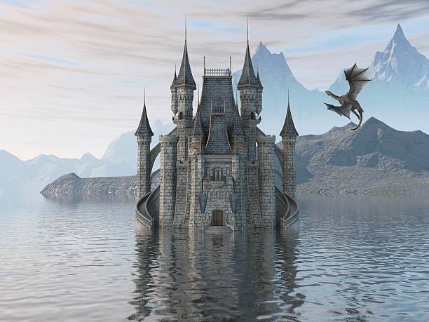 istock Of A Castle On The Water And Dragon 596798562