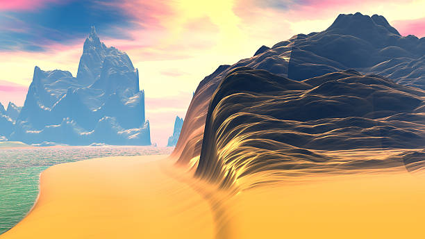 istock Fantasy alien planet. Mountain and lake. 3D illustration 596799298
