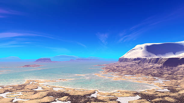 istock Fantasy alien planet. Mountain and lake. 3D illustration 596800528