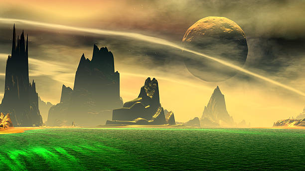 istock Fantasy alien planet. Mountain and lake. 3D illustration 596800716