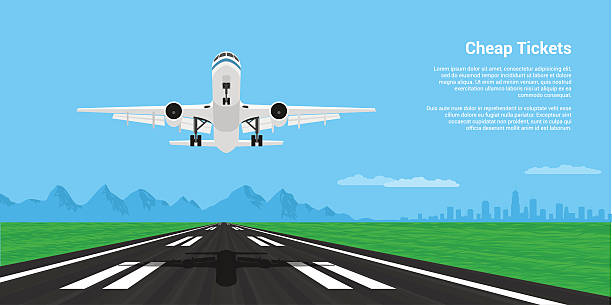 plane taking off picture of a landing or taking off plane with mointains and big city silhouette on background, flat style illustration landing home interior stock illustrations