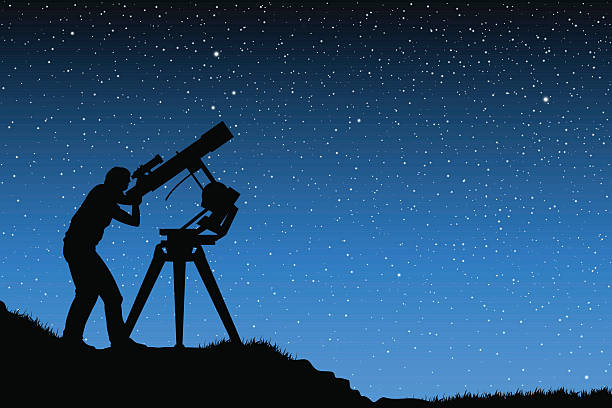 Astronomical observations Man observing night sky trough telescope. starry sky telescope stock illustrations