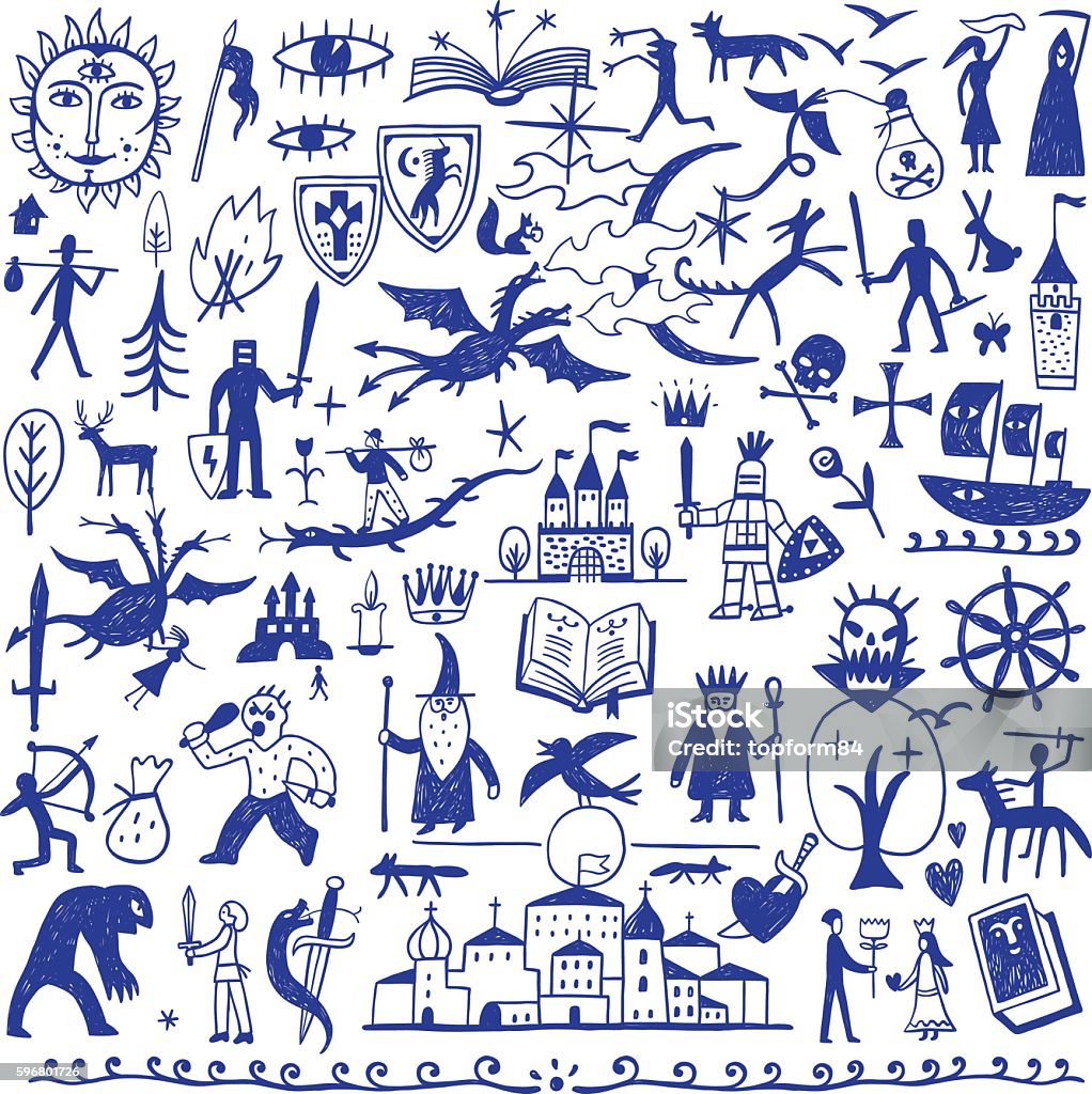 History , fairy tale - cartoons set fairy tale - set icons in sketch style , design elements Wizard stock vector