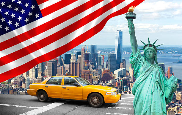 istock New York City with Liberty Statue ad yellow cab 596801988