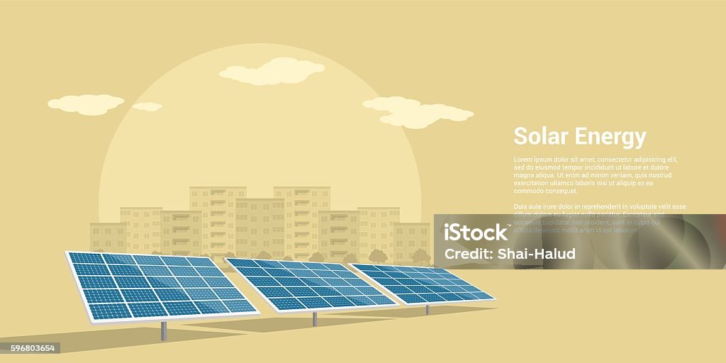 solar energy concept picture of solar batteries with mountains city silhouette on background, flat style concept of renewable solar energy Solar Energy stock vector