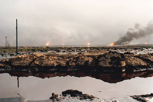 Field of burning oil wells, Persian Gulf War, Kuwait stock photo
