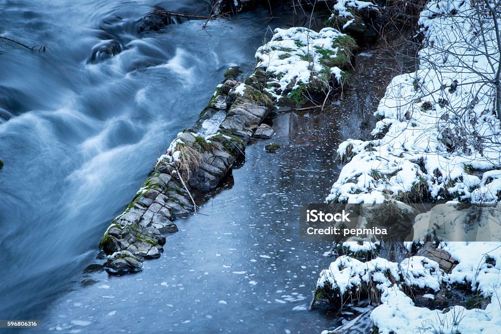 River in winter Detail of river with cold water and snow in the forest. Adventure Stock Photo