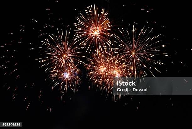 Colorful Red Fireworks Stock Photo - Download Image Now - Firework - Explosive Material, Firework Display, Sky