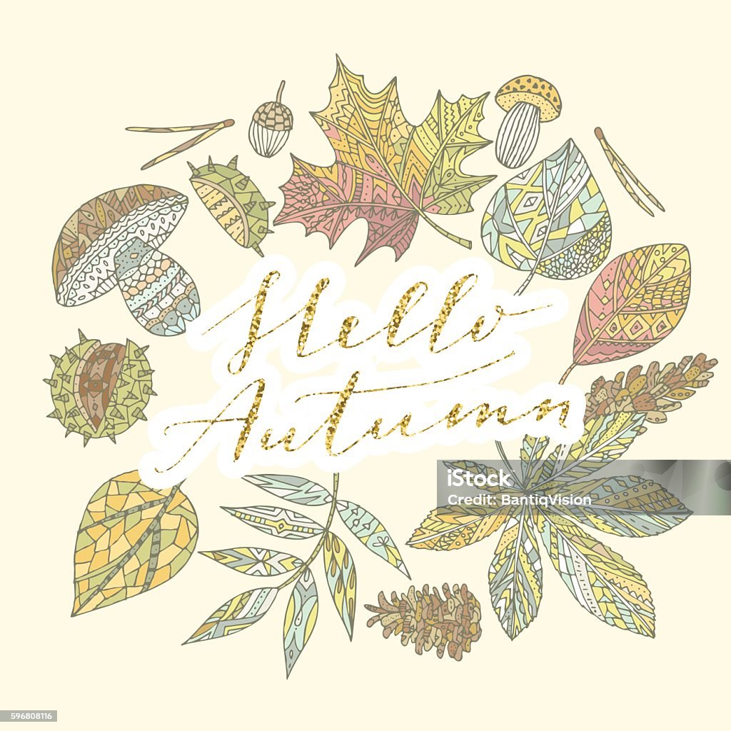 Hello autumn. Vector hand drawn autumn elements. Hipster style leaves, cones, mushrooms, chestnuts, acorns, fir needles. Hello autumn quote. Abstract stock vector