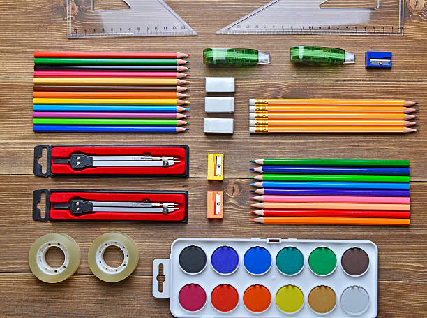 istock Neatly arranged school supplies 596808180