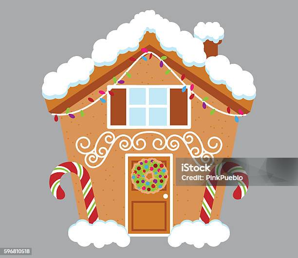 Cute Gingerbread House Covered In Snow And Decorated With Candy Stock Illustration - Download Image Now