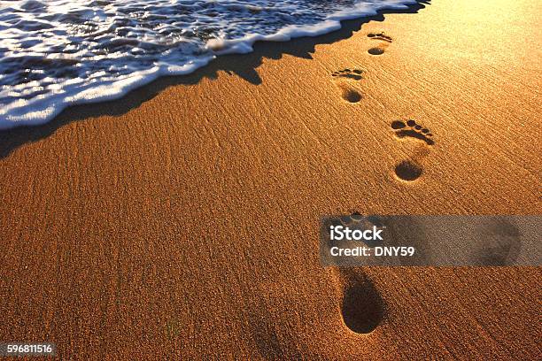 Footprints In The Beach Sand Stock Photo - Download Image Now - Footprint, Sand, Beach