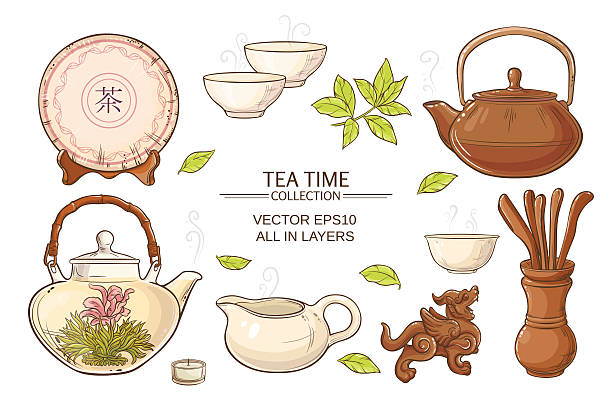 чайная церемония набор - tea leaves chinese tea green tea leaf stock illustrations