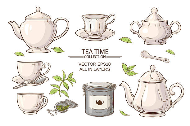 tea set Vector set  with cups,  teapot,  sugar bowl, tin packaging and tea strainer on white background sugar bowl crockery stock illustrations