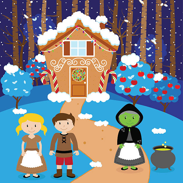 сказка вектор сцена с гензелем и гретель, ведьма - гензель и гретель иллюстрации stock illustrations