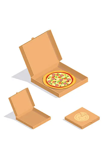 Vector illustration of Brown carton packaging pizza box. Cardboard open and close boxes