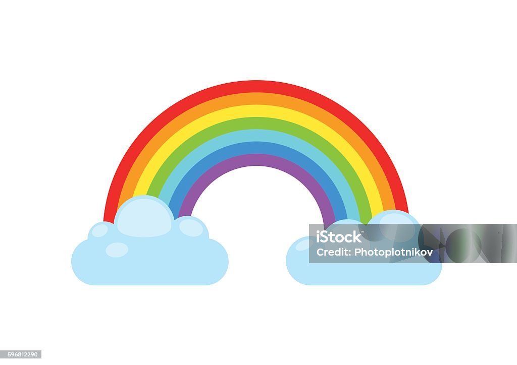 Rainbow and clouds. Nature sign spectrum. Weather curve, graphic symbol. Rainbow and clouds isolated on white background. Nature sign cloud rainbow spectrum. Weather curve rainbow, graphic abstract symbol. Rainbow stock vector