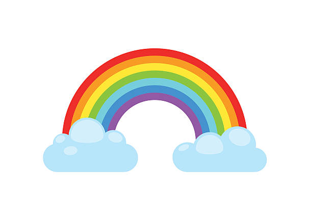 Rainbow and clouds. Nature sign spectrum. Weather curve, graphic symbol. Rainbow and clouds isolated on white background. Nature sign cloud rainbow spectrum. Weather curve rainbow, graphic abstract symbol. rainbow stock illustrations