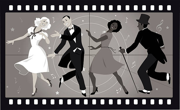 People in retro stile costumes dancing in an old movie frame, EPS 8 vector illustration, no transparencies