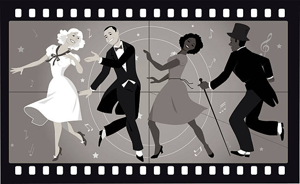 Old musical movie People in retro stile costumes dancing in an old movie frame, EPS 8 vector illustration, no transparencies lindy hop stock illustrations
