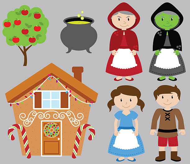 ilustraciones, imágenes clip art, dibujos animados e iconos de stock de hansel y gretel vector collection con witch and gingerbread house - pastel de castillo de frozen