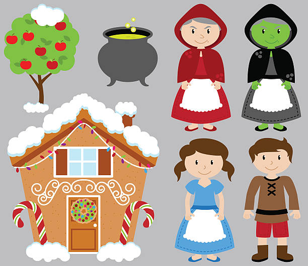 ilustrações, clipart, desenhos animados e ícones de coleção de vetores hansel e gretel com casa de bruxas e gengibre - fairy tale house witch candy