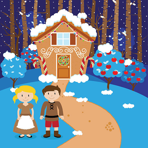 вектор гензель и гретель перед пряничным домом - гензель и гретель иллюстрации stock illustrations