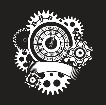 vector illustration of a clock face surrounded by mechanical parts and wrap holiday banner black and white