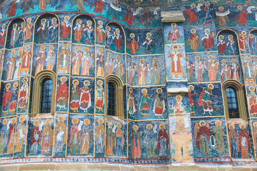 Europe, Romania, Bucovina, Bucovina Monasteries, Sucevita  16th Century, Painted Monastery. Religious Frescoes.