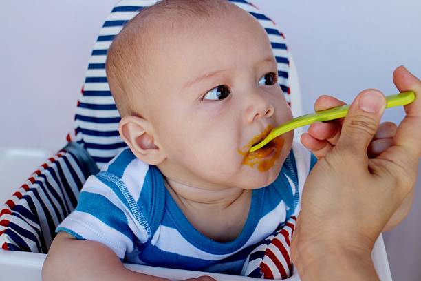 生後6ヶ月の赤ちゃんは最初の食べ物のピューレを食べる - nutritian ストックフォトと画像