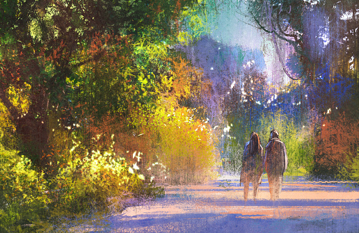couple walking in beautiful place,walkway in forest,illustration painting
