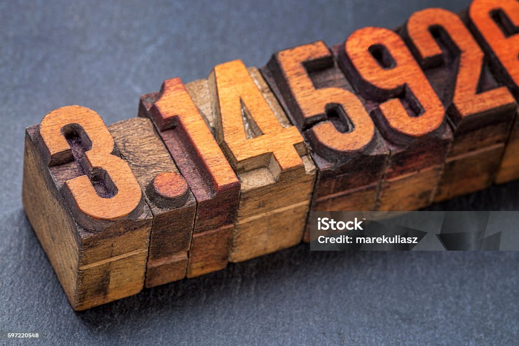 the number pi in wood type numerical representation of the pi number - vintage letterpress wood type against a slate stone Decimal Point Stock Photo