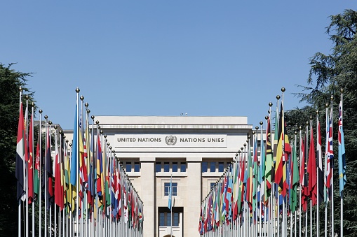 Façade of thé entrance to thé Palais des Nations (UN) in Geneva, Switzerland