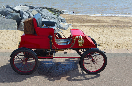 Felixstowe, Suffolk, England -  May  01, 2016:  Vintage 1902 Stanley CX Steam Car parked on seafront promenade .