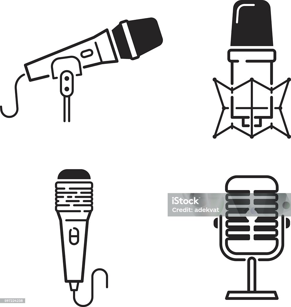 Different microphones types vector icons Different microphones types vector icons. Journalist microphone, interview , music studio. Web broadcasting microphone, vocal tool, tv show microphone. Arts Culture and Entertainment stock vector