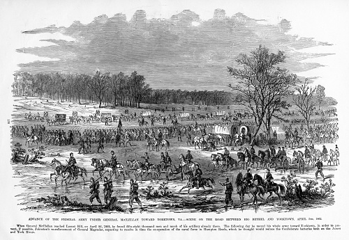Engraving of the advance of the Federal Army under General McClellan toward Yorktown, Virginia on the road between Big Bethel and Yorktown, April 5, 1862, Civil War Engraving from 