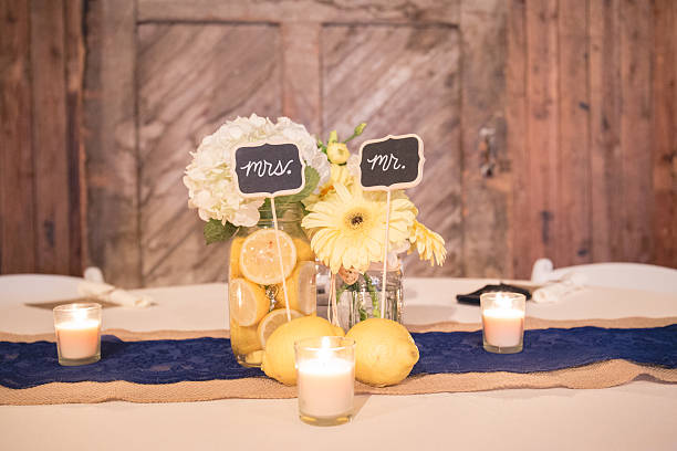 istock Wedding Reception Table Centerpiece with Mr. and Mrs.Signs 597232196