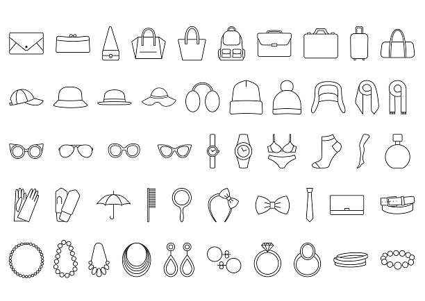 ilustrações de stock, clip art, desenhos animados e ícones de accessories icons. line icons  bags, hats, jewelry, glasses - sunglasses luggage vector hat