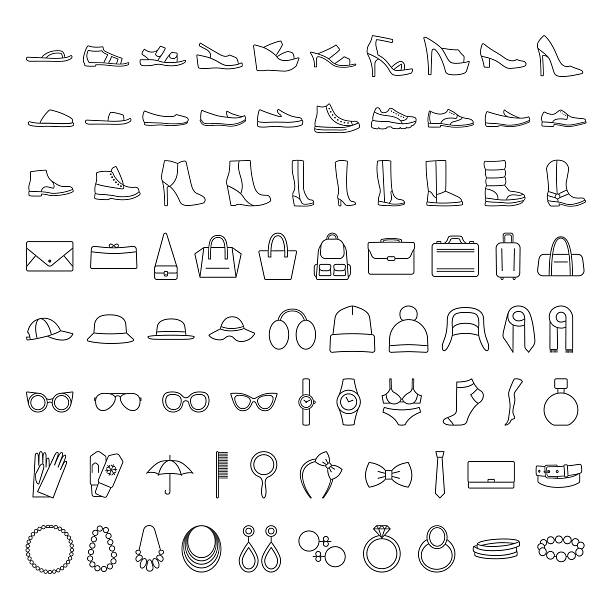 ilustrações de stock, clip art, desenhos animados e ícones de shoes and accessories line icons - sunglasses luggage vector hat