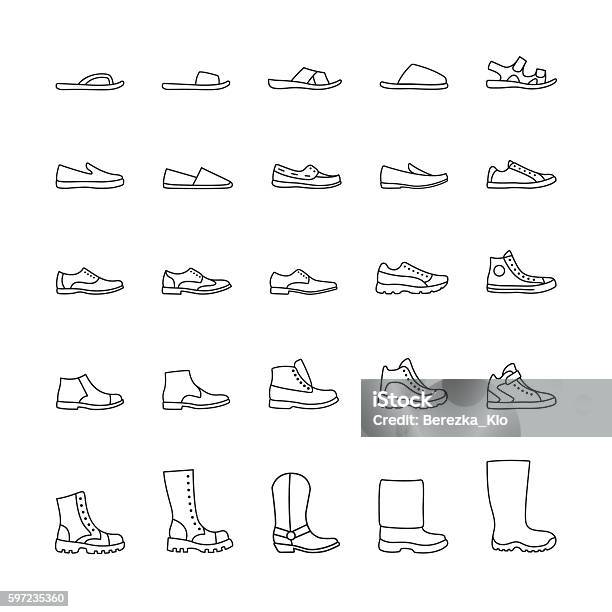 Satz Von Symbolen Herrenschuhe Vektorliniensymbole Stock Vektor Art und mehr Bilder von Schuhwerk