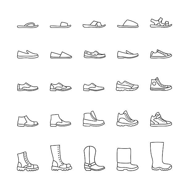 набор икон мужской обуви. значки векторной линии - sandal stock illustrations