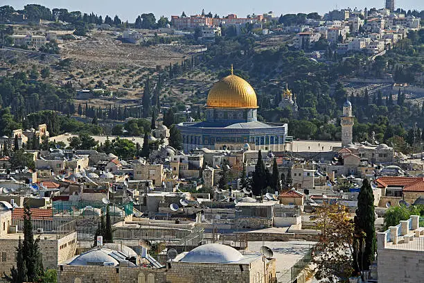 View of the city of Jerusalem, Temple Mount and Dome of the Rock from the top of the Jerusalem Citadel or Tower of David.